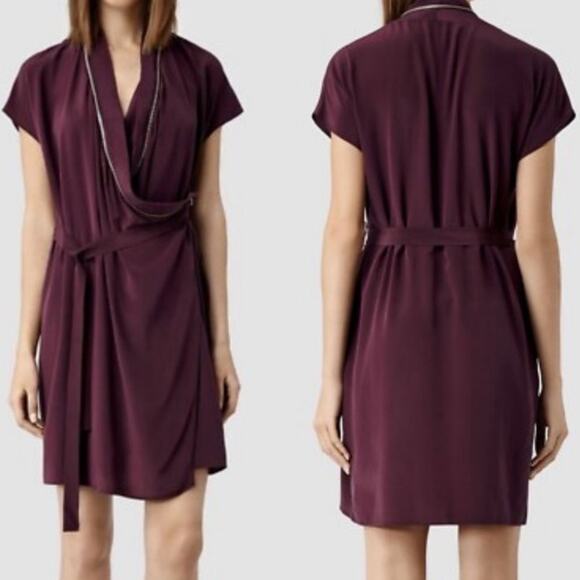 AllSaints Womens Silk Dress Adria Zipper Surplice A-Line Mini Merlot Size 4 - Picture 1 of 9